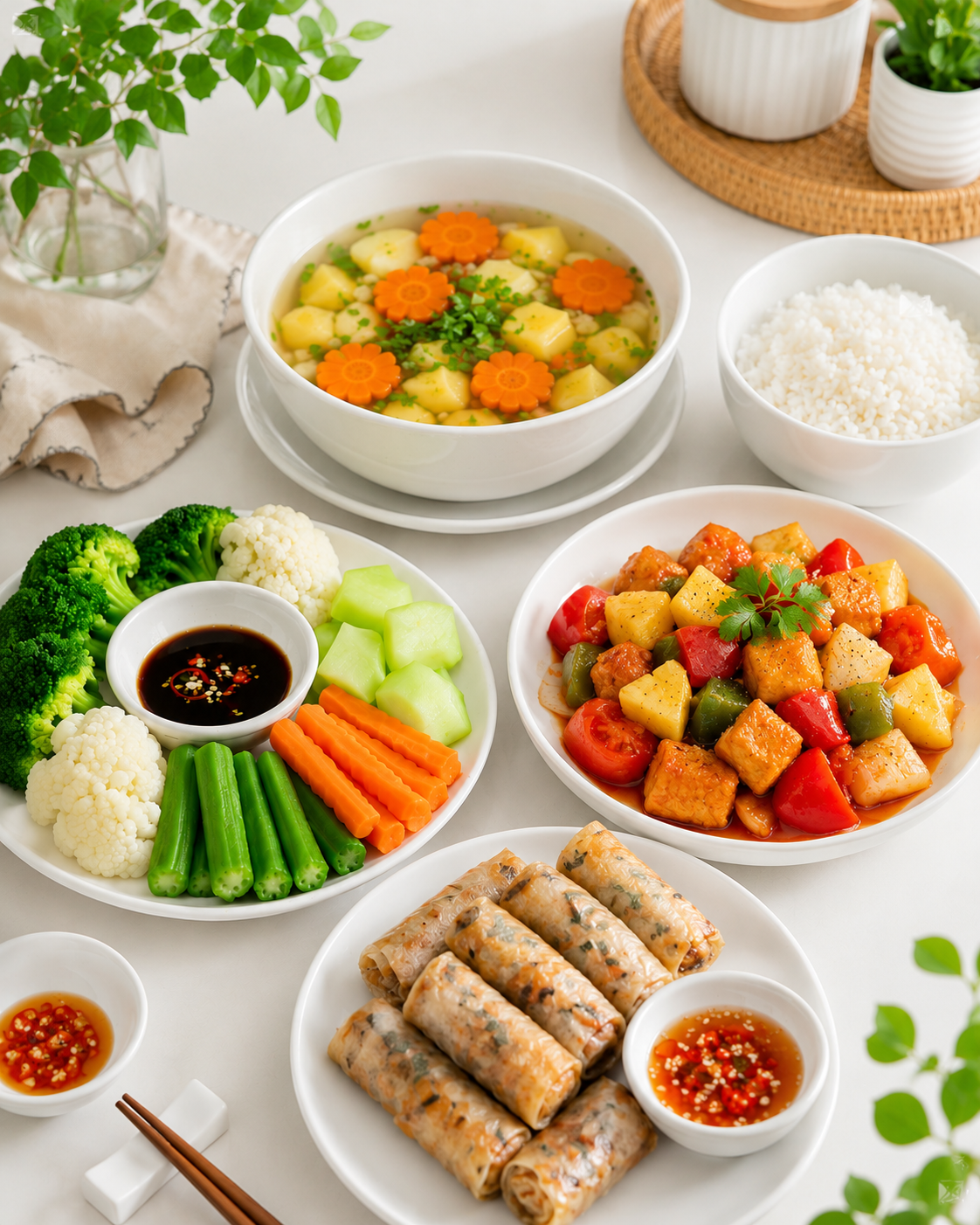 Mâm cơm chay đủ chất của gia đình Miu
