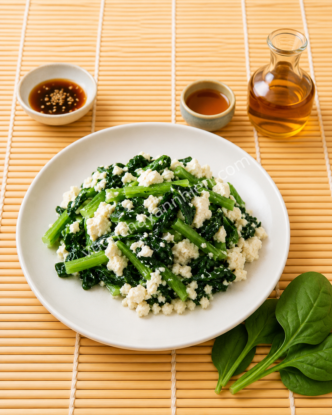 Cải Bó Xôi Trộn Đậu Hũ Non & Dầu Mè